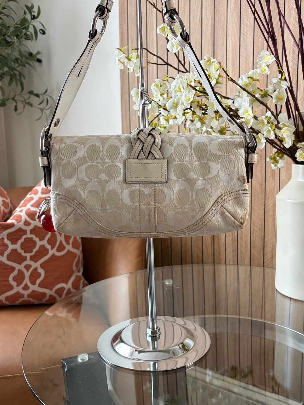 Coach SoHo bag. Beige Signature Canvas Shoulder Bag with Red Cherry Charm - Picture 2 of 3